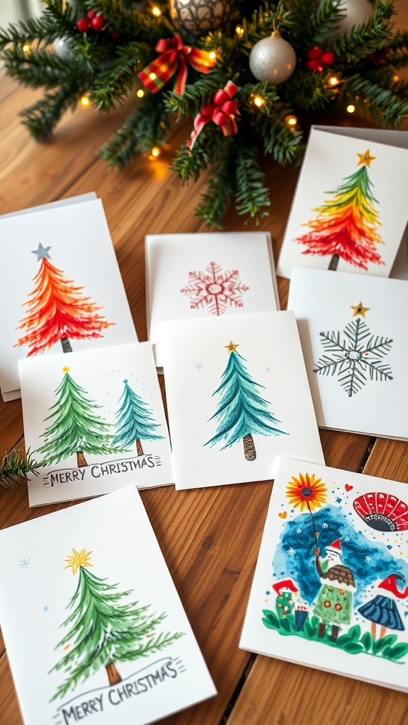 A variety of artistic Christmas cards with different designs on a rustic wooden table, surrounded by holiday decorations.